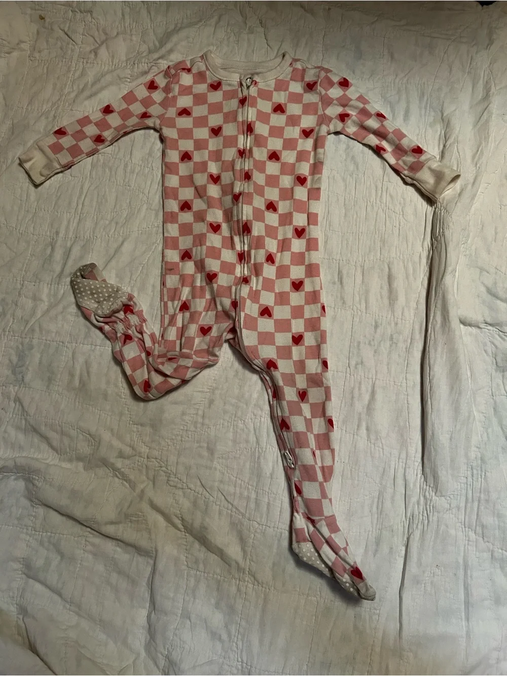 Old Navy Pink Checkerboard Heart Footed Pajama 12-18M 2-Way Zip